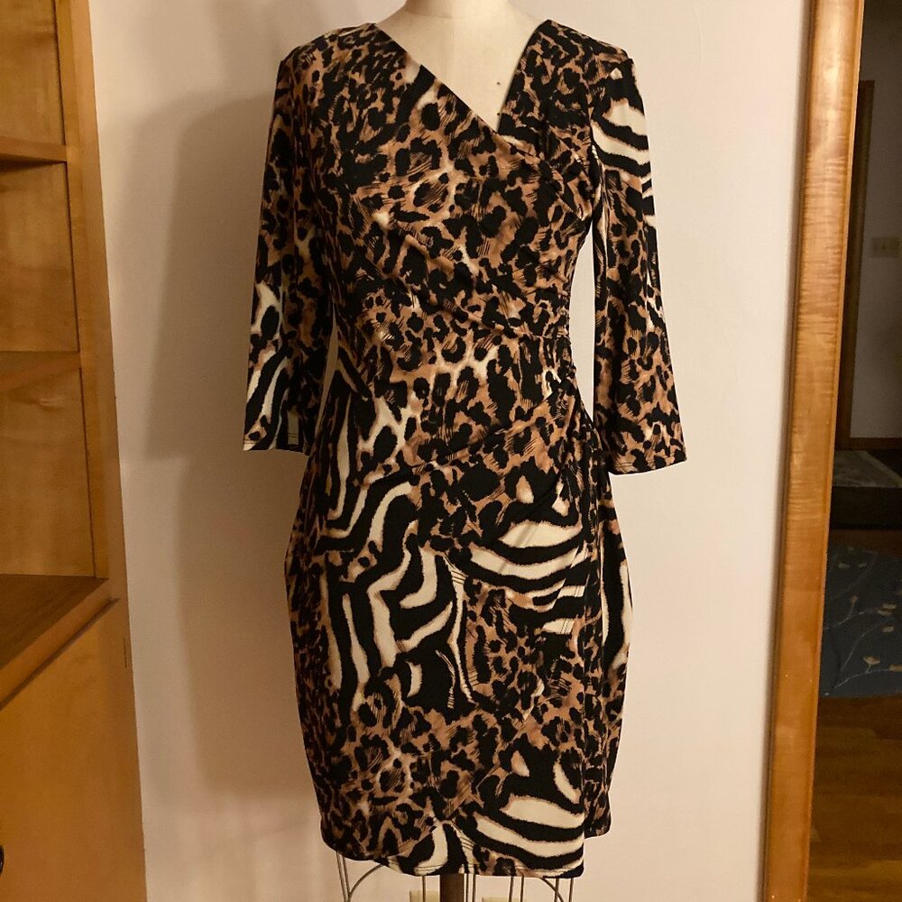 ADRESSING WOMAN Animal Print Dress Ruched 3/4 Sleeve